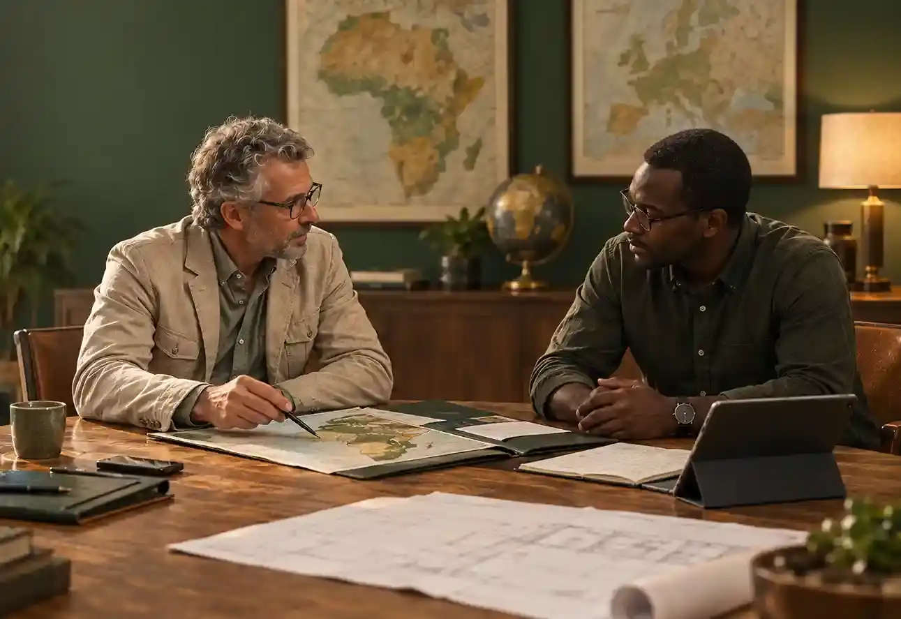 Reunion ejecutiva de Atanasio Garcia trazando planes y misiones sobre el terreno en Africa Francofona