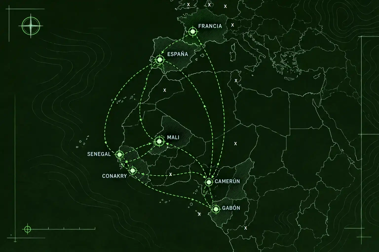 Mapa tactico de conexiones e infraestructura logistica entre España Francia Mali Gabon y Camerún